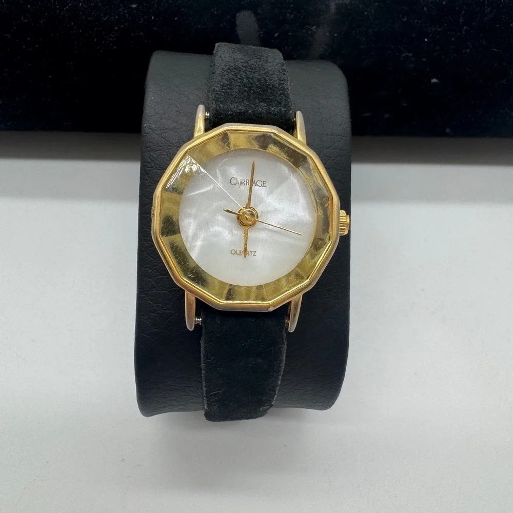 Carriage by Timex Womens Watch Gold Tone Decagon Mother‎ of Pearl Black Leather